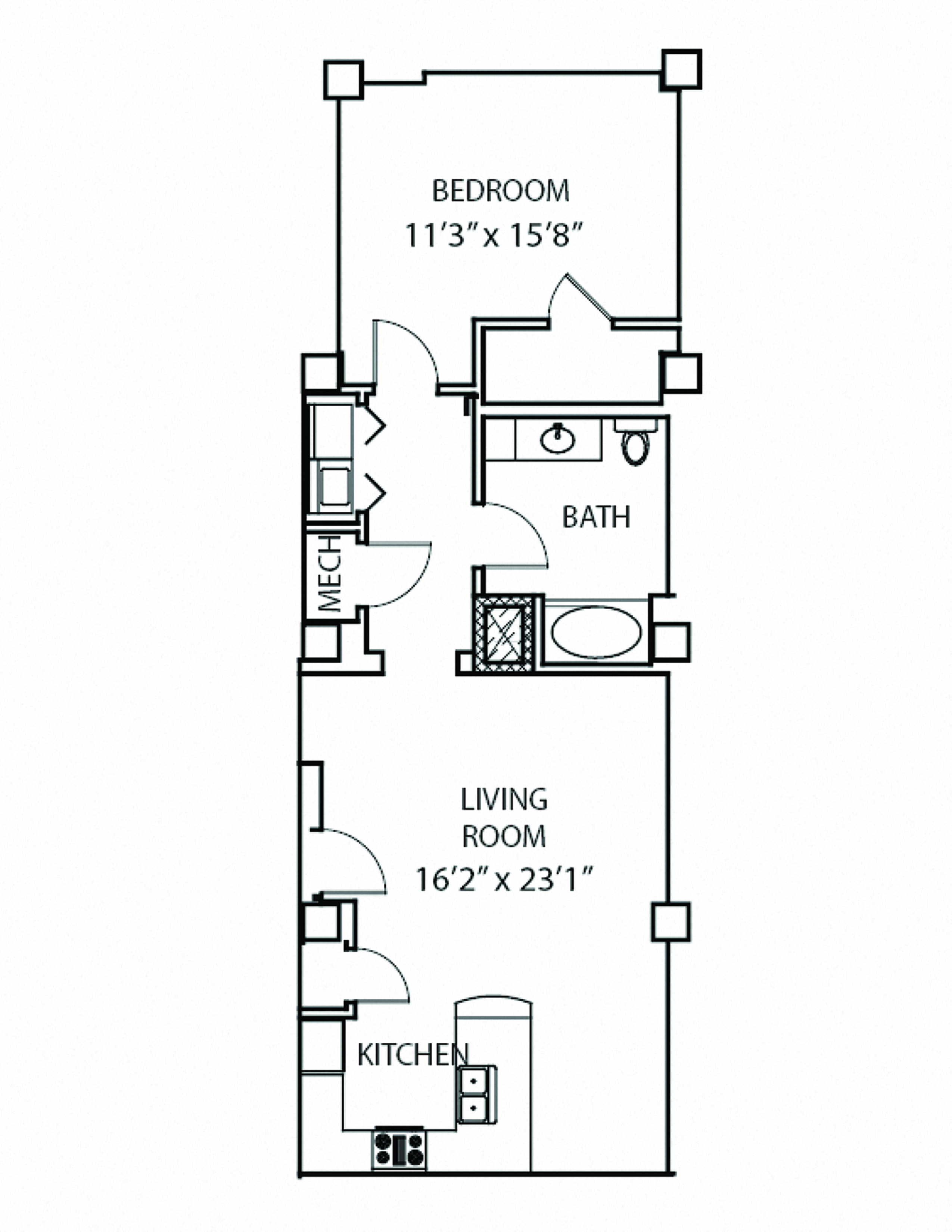 Floor plan for 1 bed, 1 bath, 890 sqft